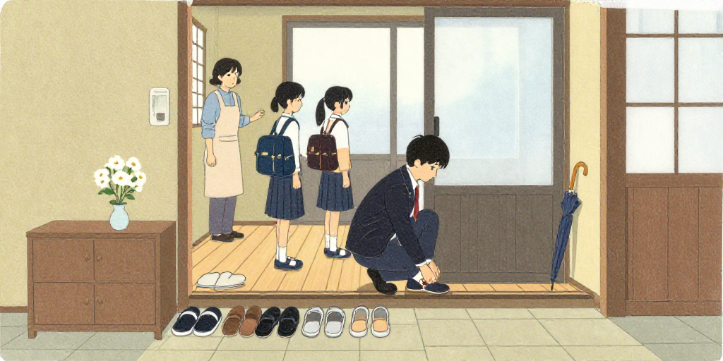 玄関で
