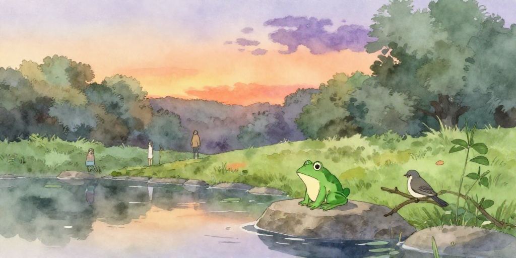 夕方の池のかえるととり
