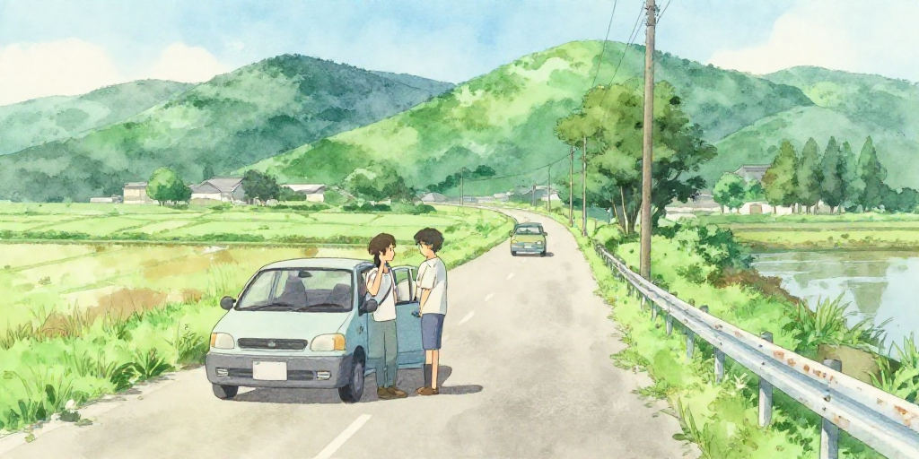 田舎の道で車が止まった